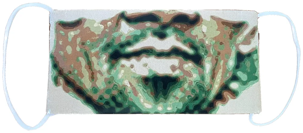 Le masque AI Camouflage, motif imprimé et élastiques, prêt à porter.