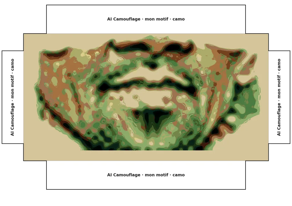 Le motif de camouflage à imprimer, avec ses rabats à plier.